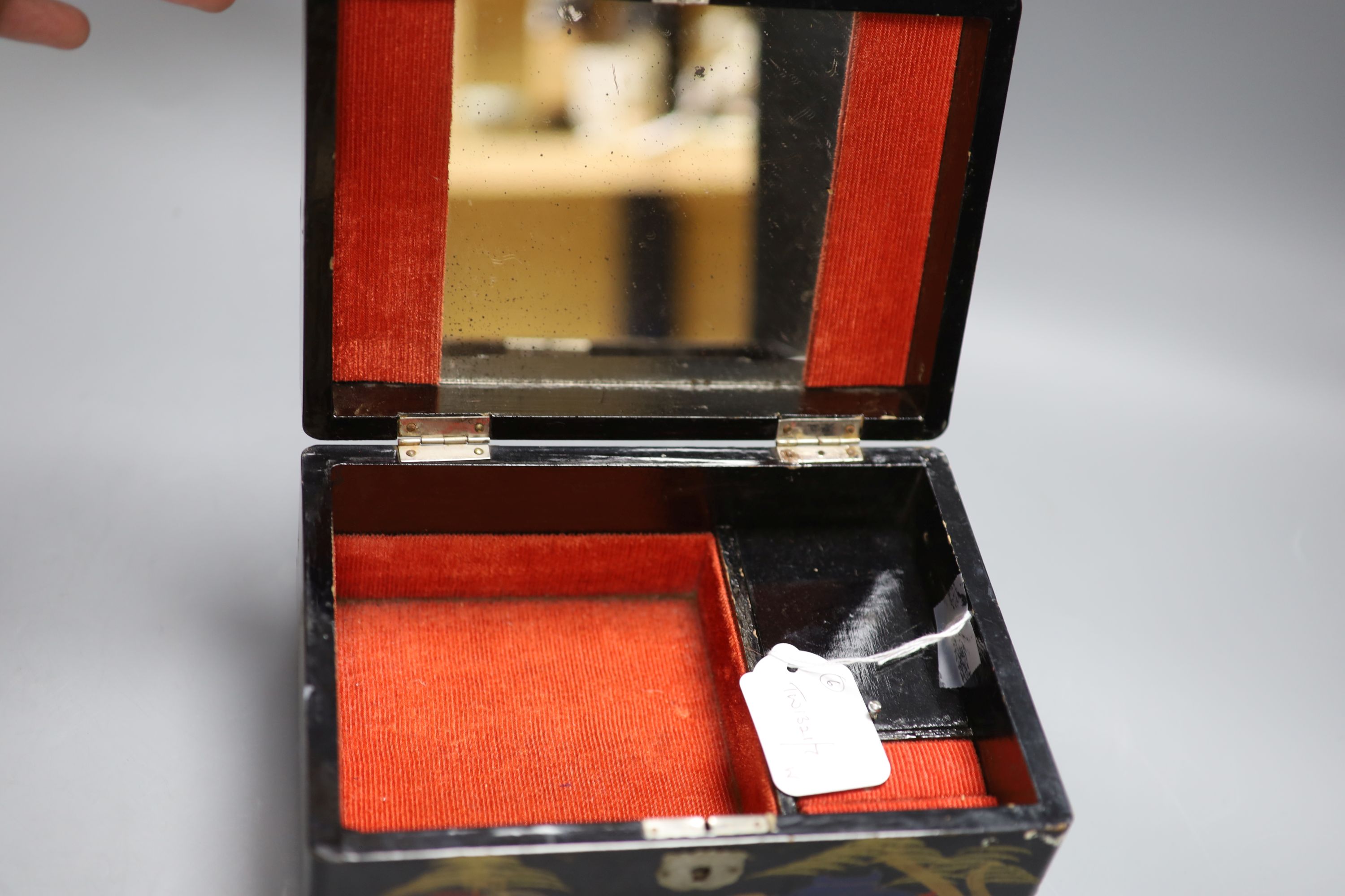 A pair of Chinese turquoise-glazed lion dogs, a lacquered jewellery box and three plated miniature figures